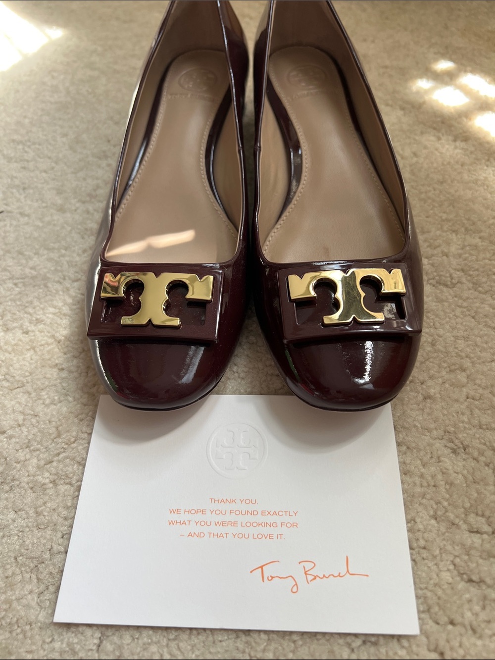 Tory Burch Patent Logo Ballet Flats in Deep Burgundy with Gold Hardware